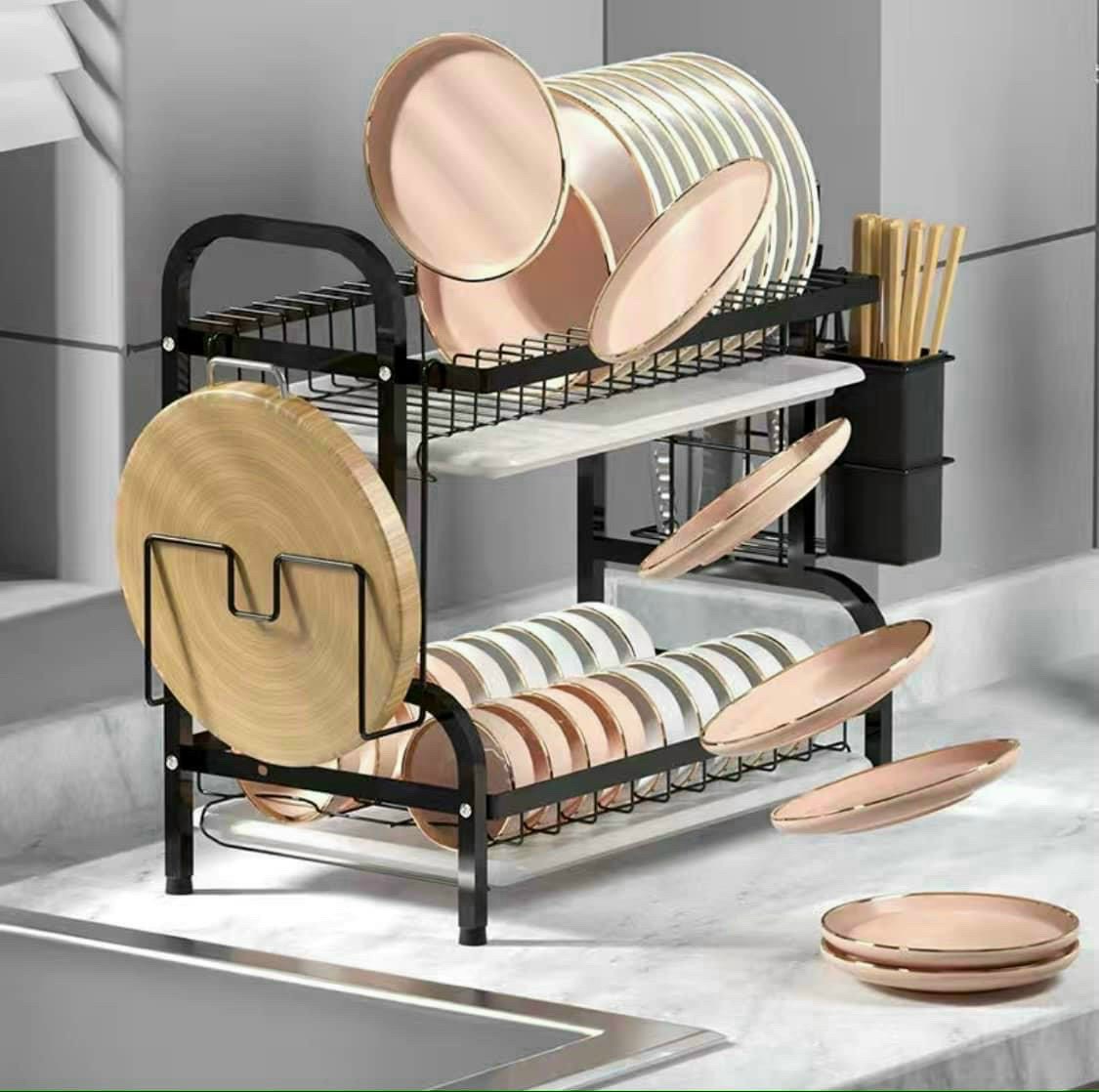 Bộ giá kệ để và sắp xếp chén bát đĩa gia đình đặt bàn thiết kế 2 tầng bằng sắt sơn tĩnh điện chống han gỉ có kèm khay hứng nước bằng nhựa
