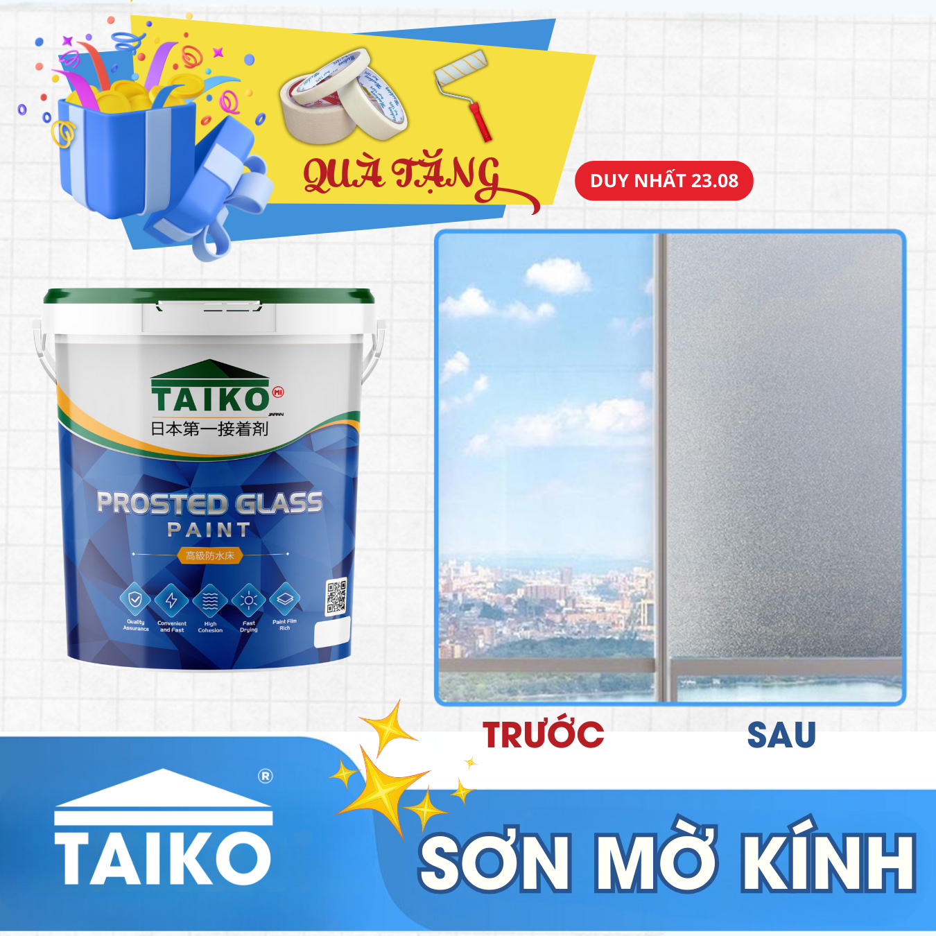 5 Kg Keo Sơn Mờ Kính Chống Nhìn Trộm TAIKOMI, Keo Sơn Bóng Mờ Kính Văn Phòng, Mờ Kính Cửa Sổ, Nhà Tắm, Phòng Ngủ