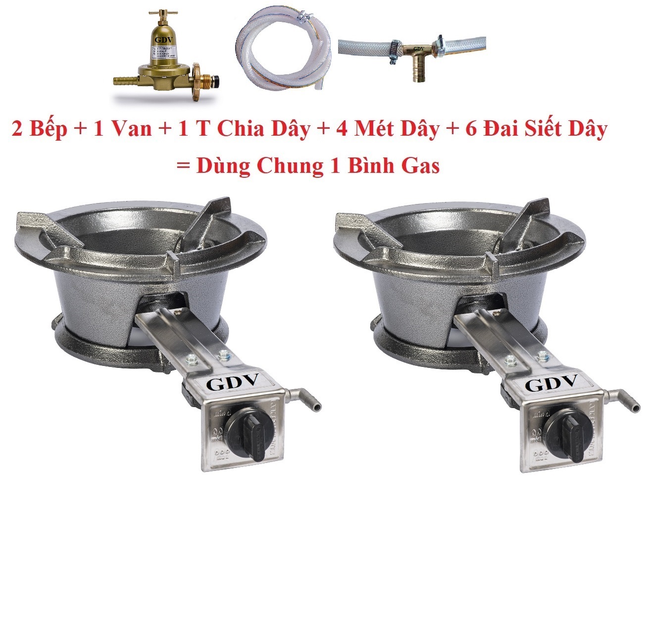 Combo 2 Bếp Gas Khè Công Nghiệp Sơn Tĩnh Điện GDV Kèm Van Dây T Chia Dùng Chung 1 Bình Gas - Hàng Chính Hãng