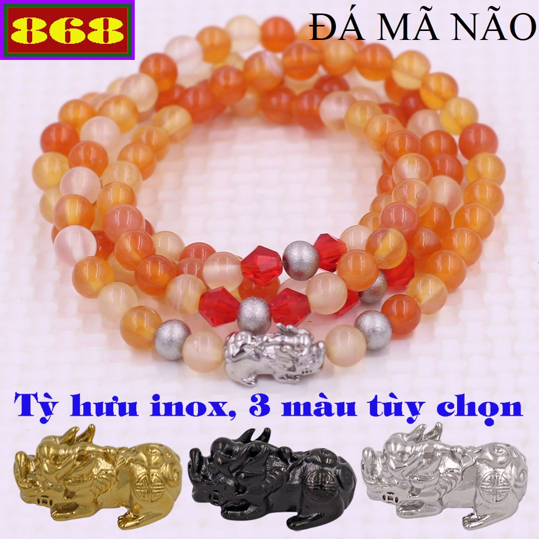 Vòng chuỗi 108 hạt Đá Mã Não Cam charm tỳ hưu inox - Chuỗi hạt 6 ly, 8 ly - Vòng chuỗi niệm Phật Bình an, May mắn