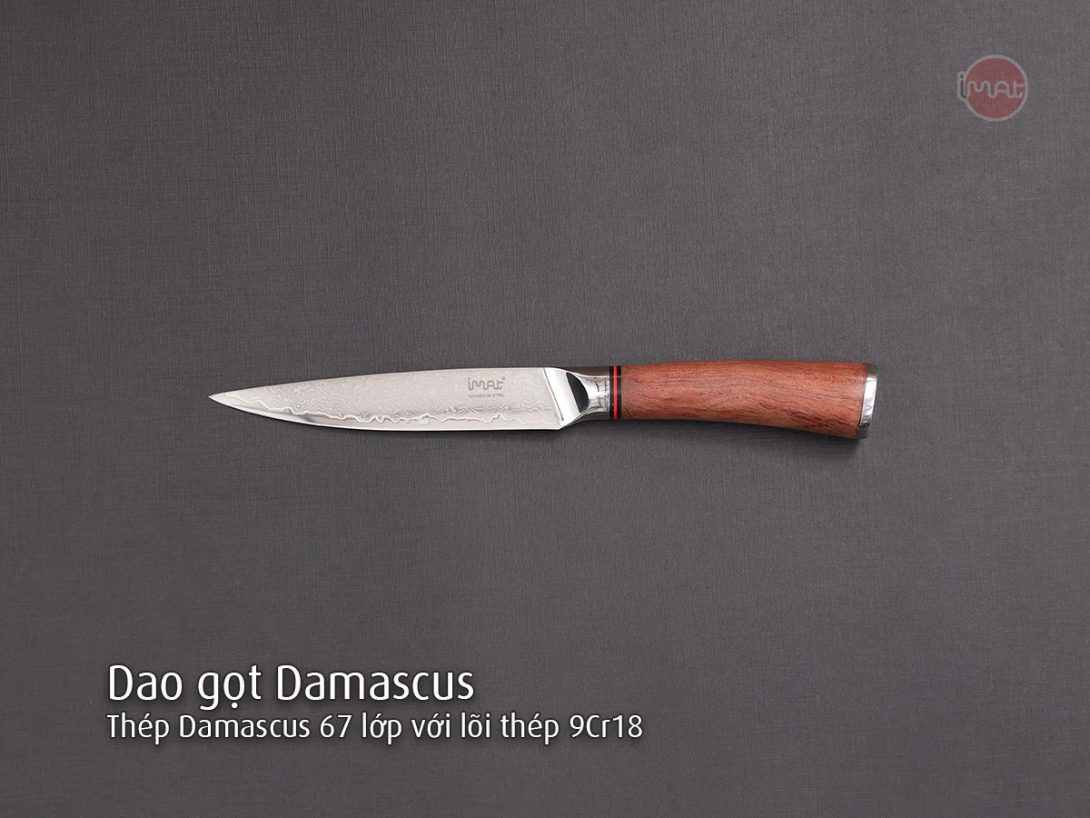 Dao gọt Damascus iMat, lưỡi dài 12cm được làm bằng bằng thép không gỉ 9Cr18, cán gỗ cẩm lai tự nhiên