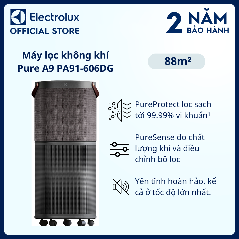 Máy lọc không khí Electrolux 5 bước lọc Pure A9 cho phòng có diện tích 88m² - PA91-606DG - Lọc sạch 99.99% vi khuẩn, chỉ số chất lượng không khí, tính năng khóa trẻ em, kết nối Wifi [Hàng chính hãng]