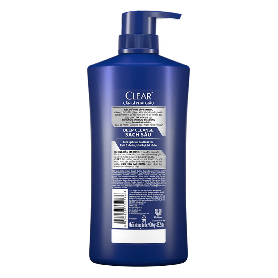 Dầu Gội Đầu Clear Men Deep Cleanse Than Hoạt Tính Đánh Bay Gàu, Ngứa Và Vi Khuẩn Dưỡng Tóc Khỏi Khói Bụi 900G