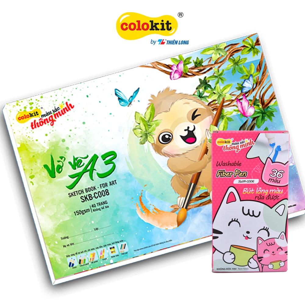 Combo 36 Bút lông màu Fiber Pen và Vở vẽ Colokit Thiên Long