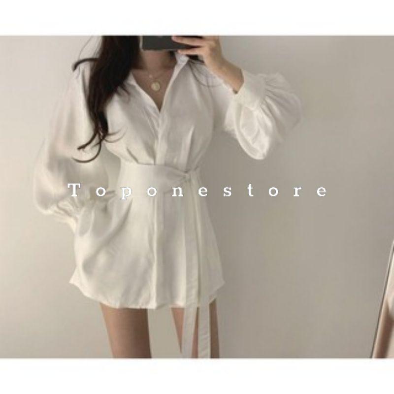 Set váy sơ mi / Set đồ nữ sơ mi dài tay quần đùi kèm đai dáng xòe