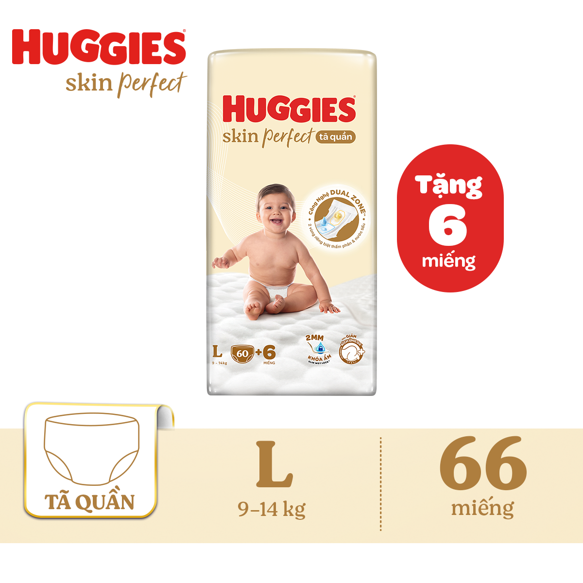 Tã quần Huggies Skin Perfect L Super Jumbo 60+6 miếng với 2 vùng thấm giảm kích ứng da