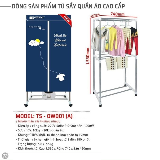 Máy Sấy - Tủ Sấy Quần Áo Khung Inox Owani TS-OW001 - Màu Ngẫu Nhiên - Hàng Chính Hãng