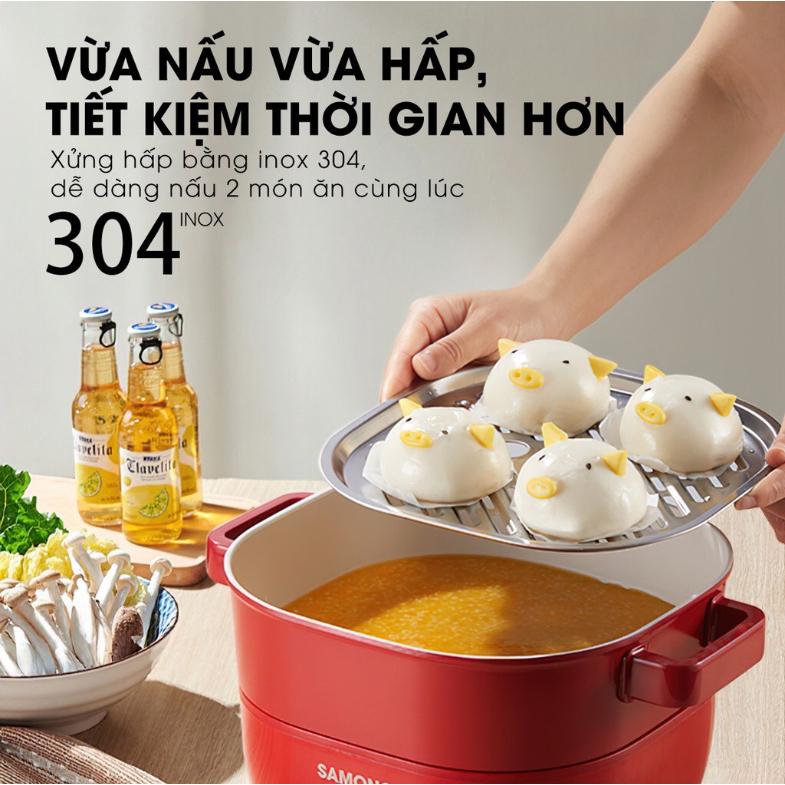 Nồi lẩu điện đa năng SW-DG03 dung tích 3L công suất 1000W, có lồng hấp với thiết kế tháo rời dễ dàng vệ sinh