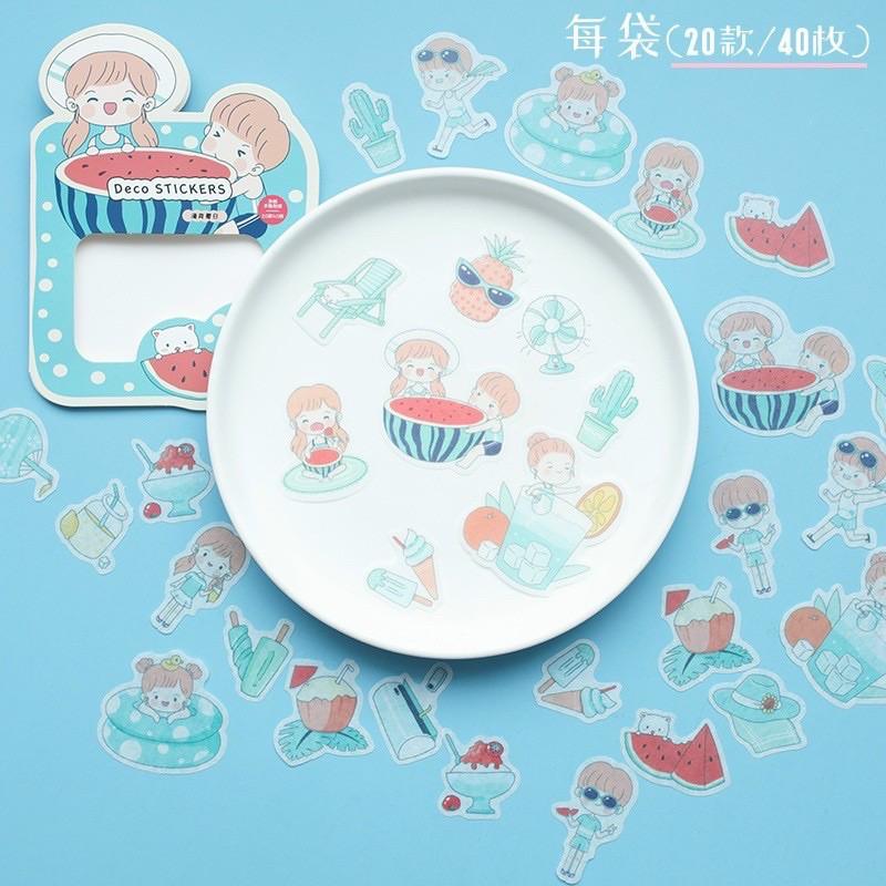 Sticker / Hình dán Túi 40pcs Cậu Bé/Cô Bé Mùa Hè Dễ Thương