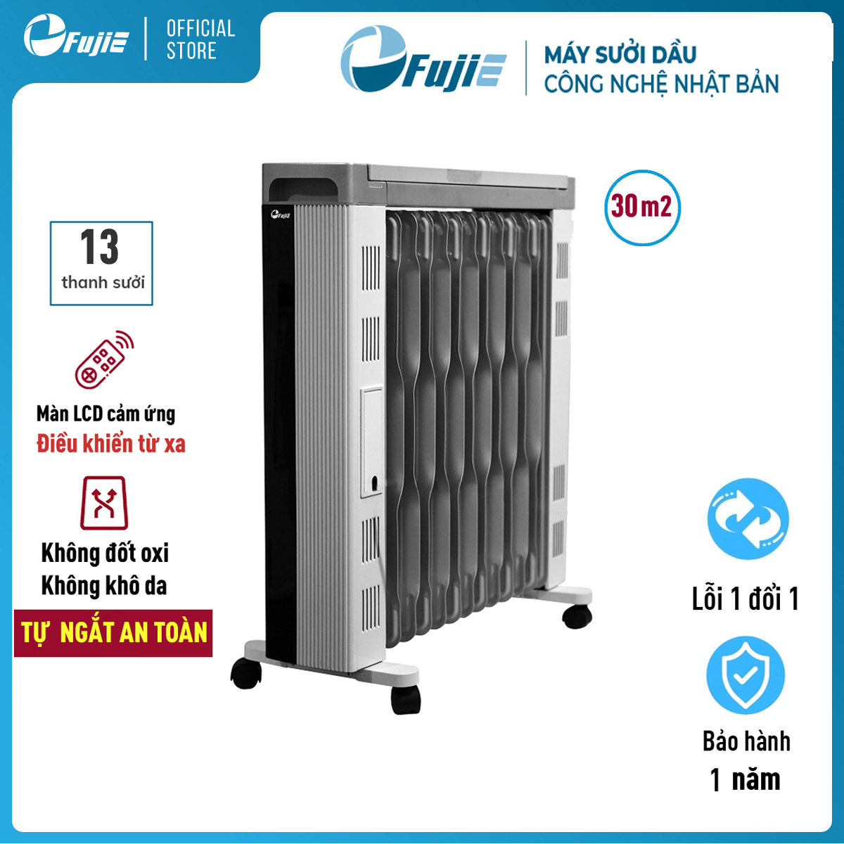 Máy sưởi dầu điều khiển từ xa FujiE OFR7913,13 thanh sưởi phòng 30m2 tự ngắt an toàn, bảng điện tử điều chỉnh nhiệt độ - Hàng chính hãng