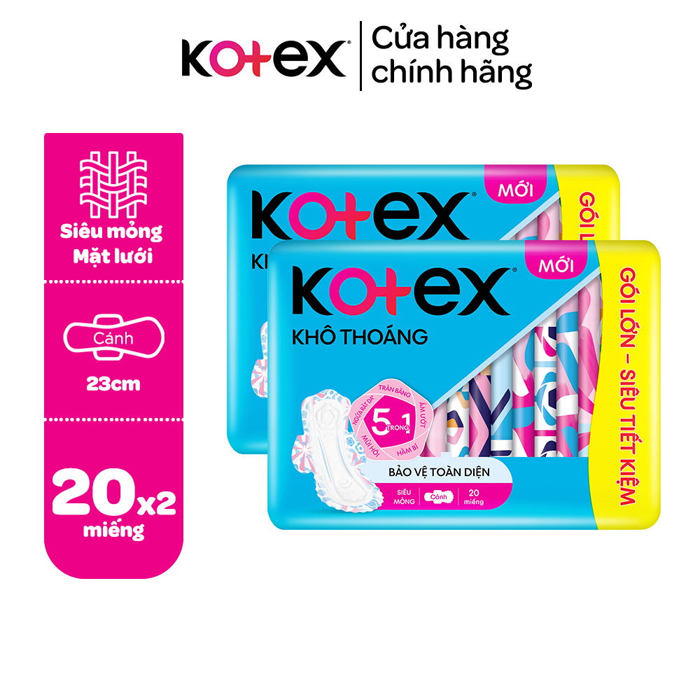 Combo 2 gói băng vệ sinh Kotex khô thoáng mỏng cánh 20 miếng