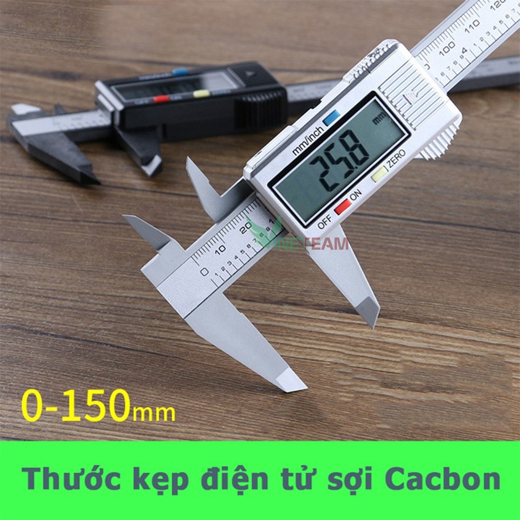 Thước kẹp điện tử sợi nhựa carbon syntek 150mm Vinetteam màn hình LCD, thước cặp cơ bằng thép đo đường kính độ chính xác cao – hàng chính hãng