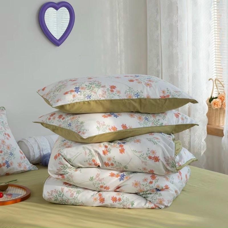 Set Chăn Ga Gối Côtton Living 100%cotton Hàng Nhập Khẩu Cao Cấp 4 Món Hoa Trắng Ga Xanh