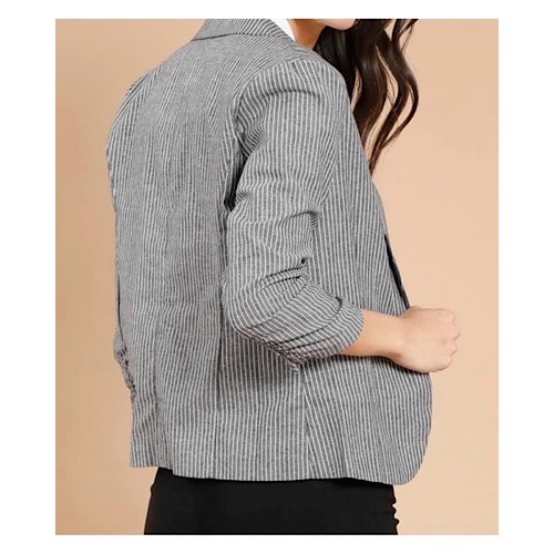 Áo Vest Blazer Nữ Linen Sọc Xám Tay Lỡ Rút