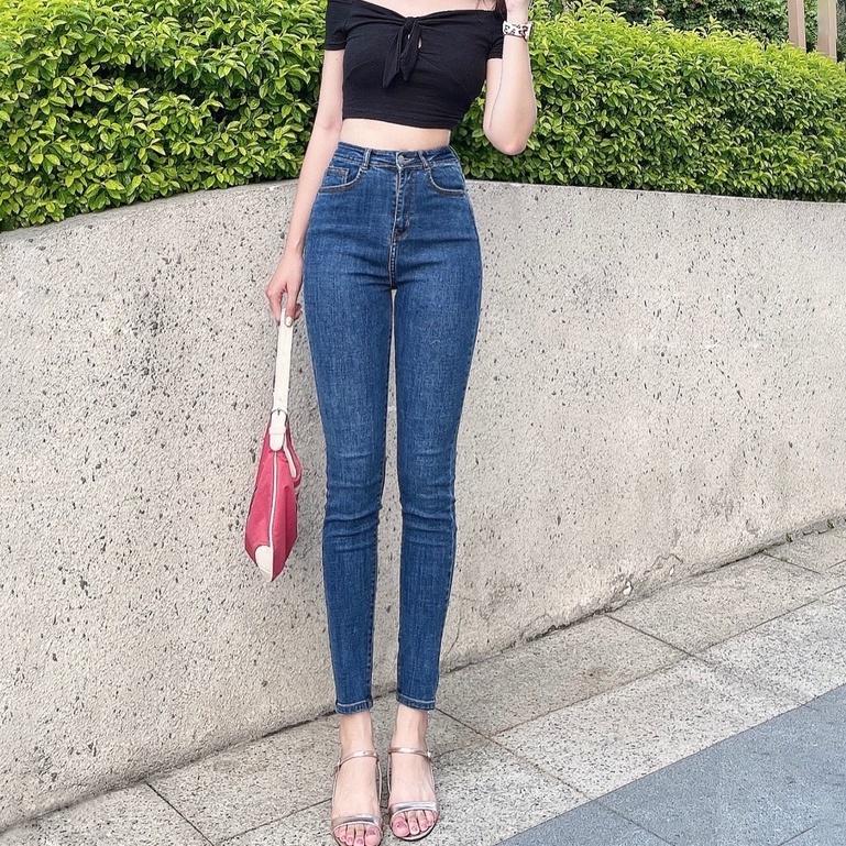 Quần jean nữ lưng cao co giản có túi, quần bò cạp cao skinny jeans bigsize trơn dài basic