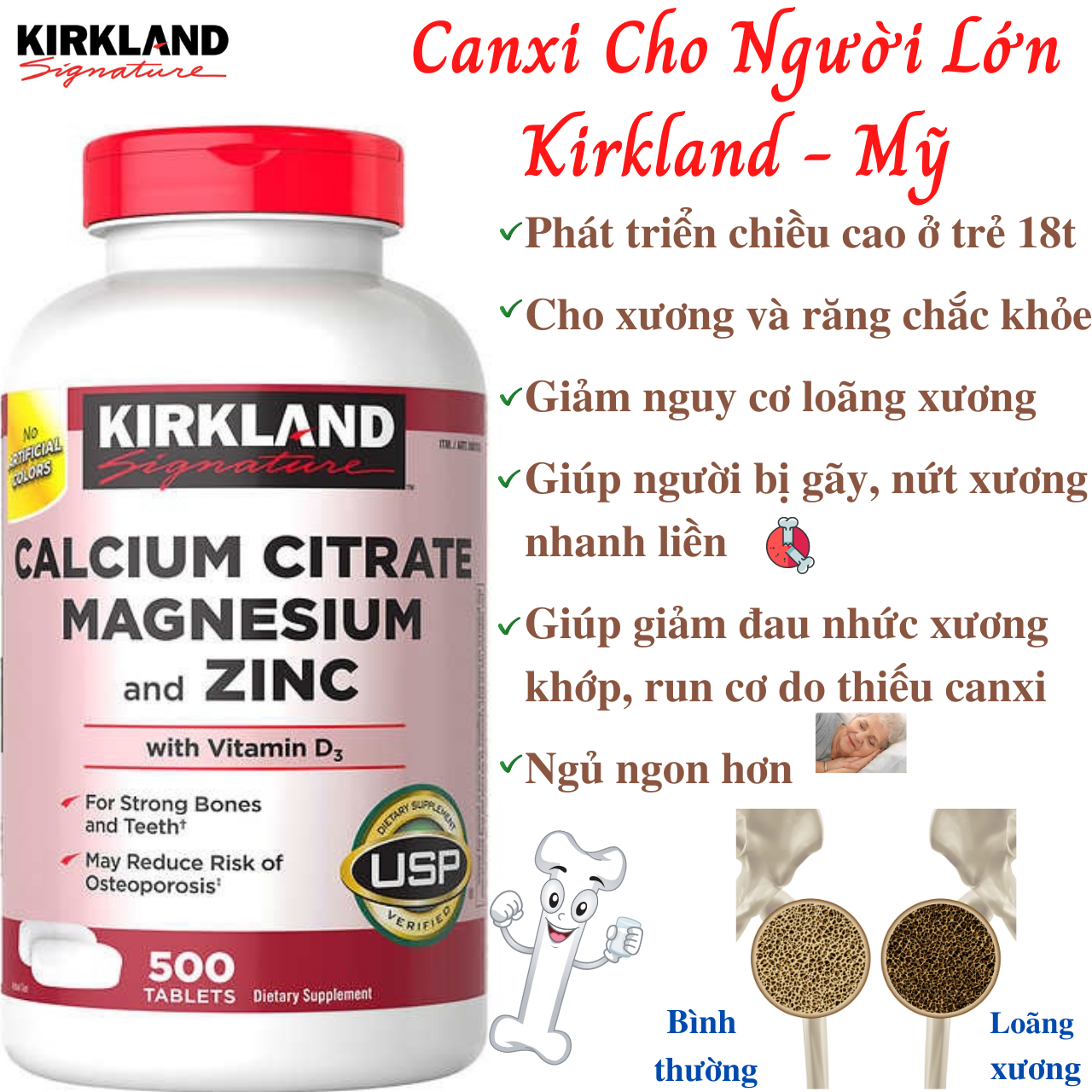 Canxi Cho Người Lớn Kirkland Signature Calcium Citrate Magnesium And ZinC Chứa Thêm: Mange, Kẽm, Vitamin D, Vitamin B6 Giúp Xương Chắc Khỏe Và Giảm Đâu Nhức, Tăng Miễn Dịch, Ngủ Ngon - Chai 500 Viên