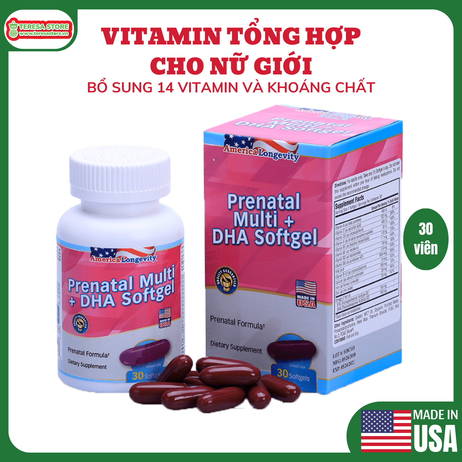 Vitamin Tổng Hợp cho mẹ bầu, phụ nữ sau sinh Prenatal Multi + Dha Softgel Made in USA Bổ sung DHA 1 Hộp 30 viên