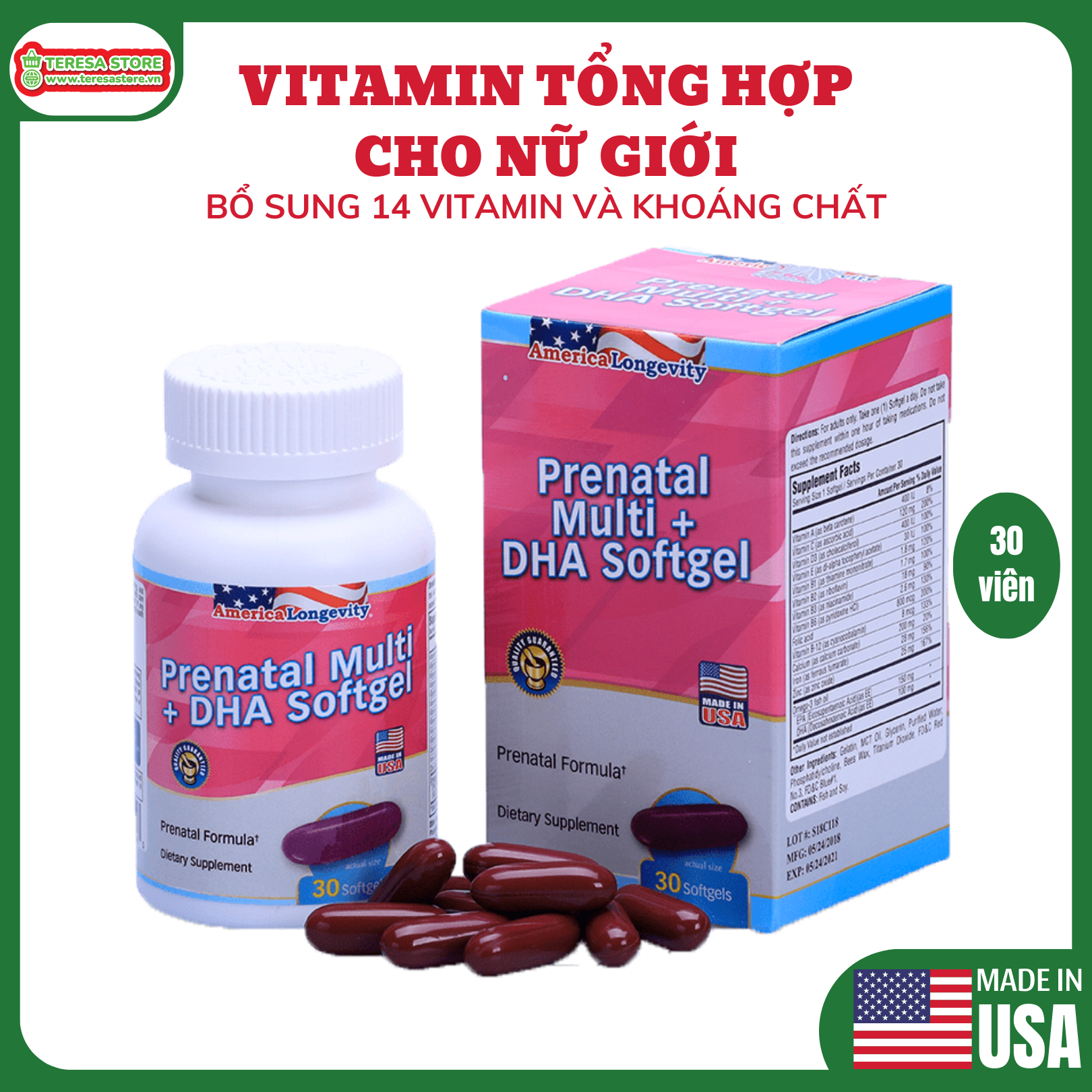 Vitamin Tổng Hợp cho mẹ bầu, phụ nữ sau sinh Prenatal Multi + Dha Softgel Made in USA Bổ sung DHA 1 Hộp 30 viên