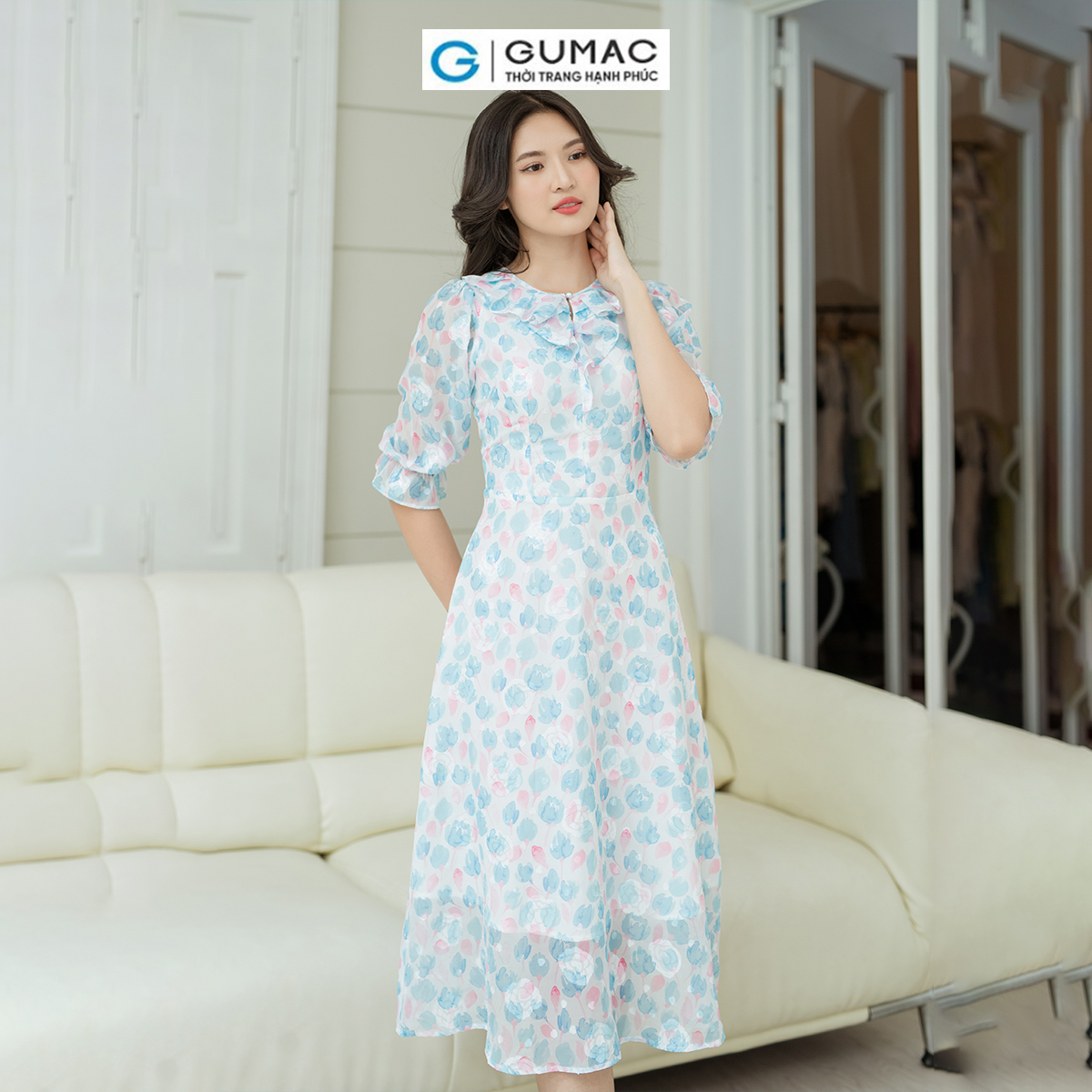 Đầm hoa cổ bèo GUMAC DD08027