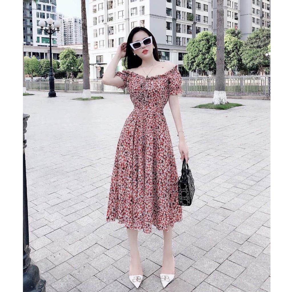 Đầm Xòe Lụa Hoa Trễ Vai - Hậu Nguyễn Store