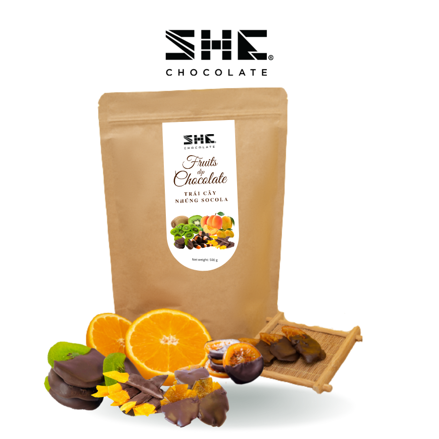 Trái cây nhúng socola thập cẩm (Mix 4 vị Xoài, Cam, Kiwi) - túi 500g -SHE Chocolate - Đa dạng vị giác, bổ sung năng lượng. Quà tặng dịp lễ, người thân, thích hợp ăn vặt văn phòng