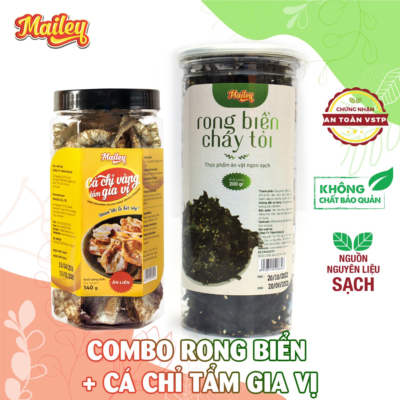 Combo rong biển cháy tỏi 200g và cá chỉ vàng tẩm gia vị 140g ăn liền Mailey