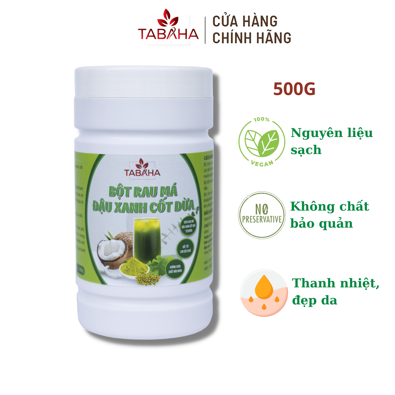 Bột Rau Má Đậu Xanh Cốt Dừa Tabaha 500g Thanh nhiệt đẹp đa mát lành