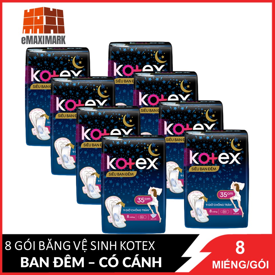 Combo 8 Băng Vệ Sinh Có Cánh 35cm Kotex Siêu Ban Đêm 9 Giờ Chống Tràn 8 miếng