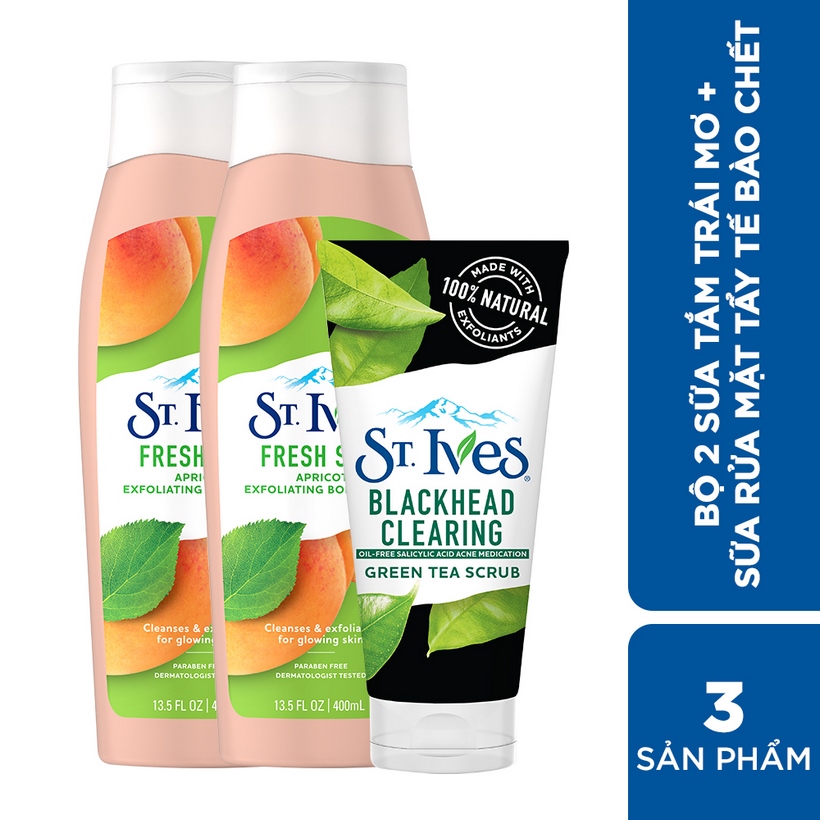 Bộ sữa tắm St.Ives Chiết Xuất Trái Mơ (400ml x 2) + Sữa rửa mặt St.Ives Trà Xanh 170g