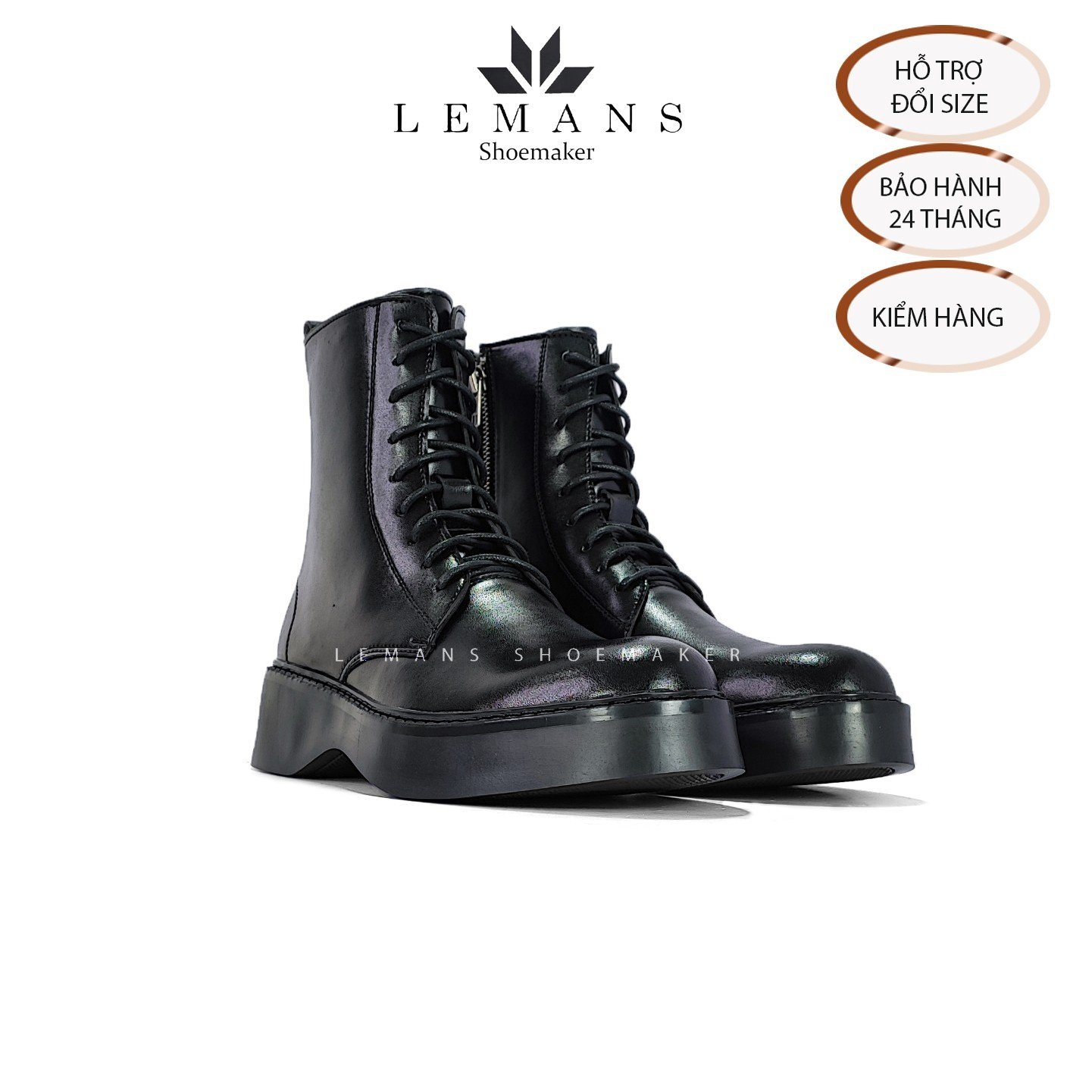 The Breakthrough Chunky COMBAT Boots Lemans - BST độc quyền, đế cao 6cm Full cao su nguyên khối Da bò nguyên tấm BH 24T - Da Bò - 43