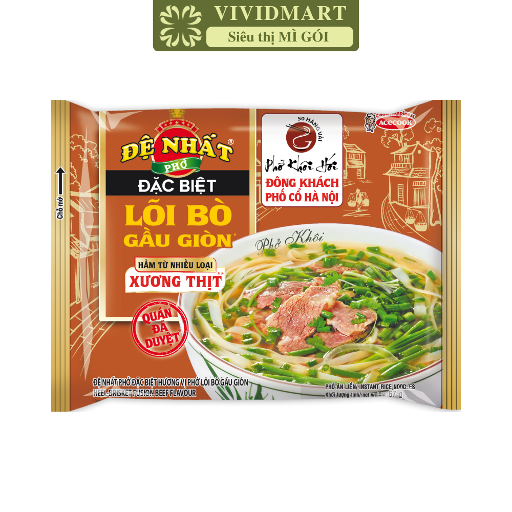 ACECOOK - Đệ Nhất phở đặc biệt lõi bò gầu giòn (không thịt), phở bò Đệ Nhất lõi bò gàu giòn ăn liền (67g/gói)