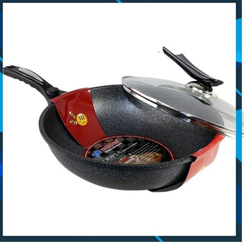 Chảo chống dính siêu bền đá sâu Coopia Hàn Quốc có nắp kính size 32cm, Cán Chảo được làm từ nhựa Bakelite chống cháy