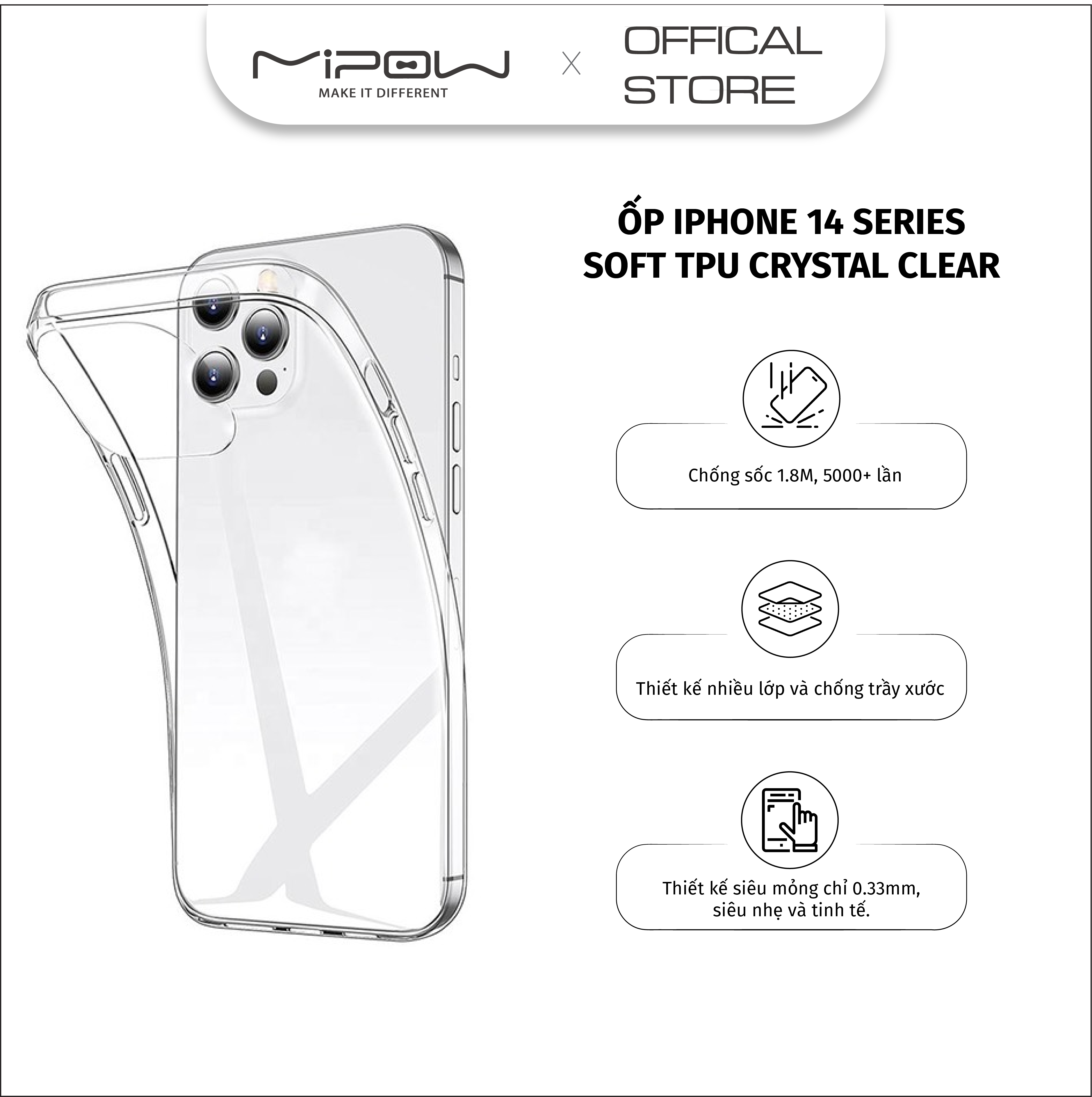 ỐP LƯNG SOFT TPU CRYSTAL CLEAR MIPOW CHO IPHONE 14 SERIES - HÀNG CHÍNH HÃNG