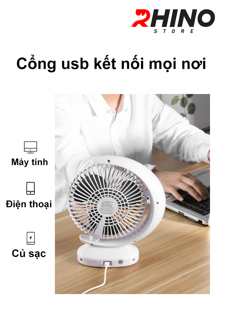 Quạt để bàn văn phòng Mini Rhino F101 tích điện 3 chế độ gió hình bán nguyệt - Hàng chính hãng