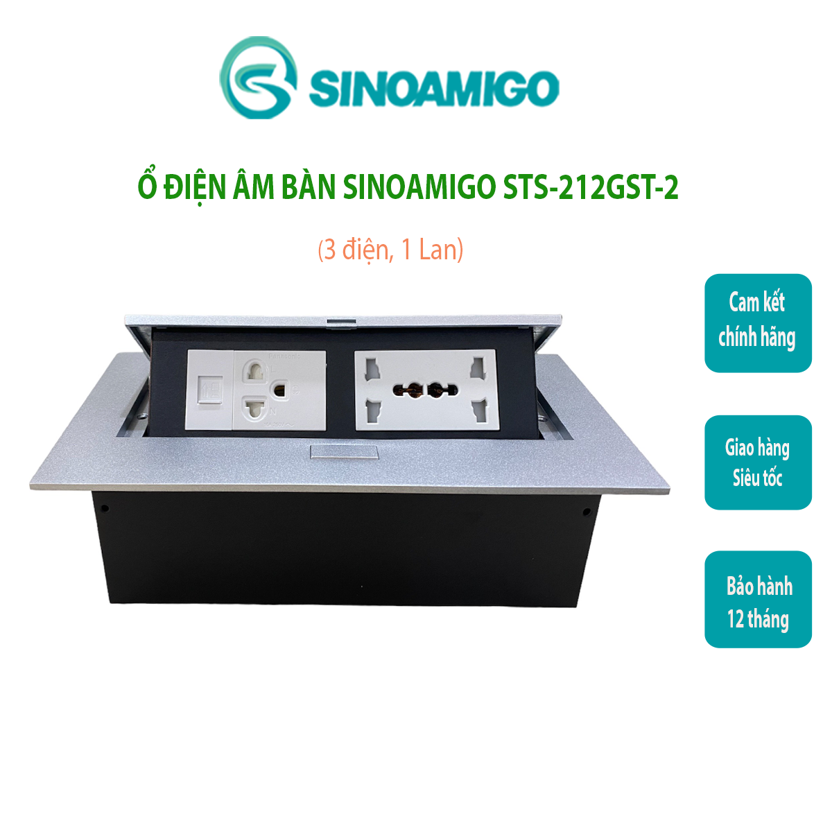 Ổ cắm âm bàn Sinoamigo Tích hợp 3 ổ điện 3 chấu, 1 ổ mạng Lan, Phù hợp lắp âm bàn làm việc, bàn văn phòng, phòng họp - Hàng chính hãng