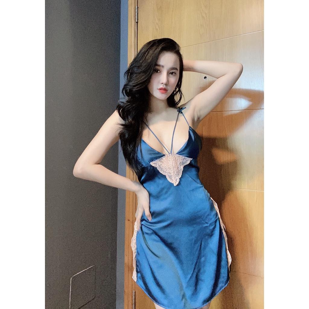 Váy ngủ sexy 2 dây gợi cảm lụa satin cao cấp Hoàng Tình Store phối ren eo cột dây lưng Freesize tặng kèm quần đùi cute