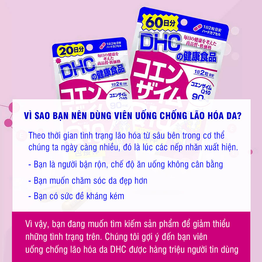 Viên uống chống lão hóa da DHC Nhật Bản Coenzyme Q10 thực phẩm chức năng bổ sung vitamin C làm đẹp da, hỗ trợ não bộ JN-DHC-COE