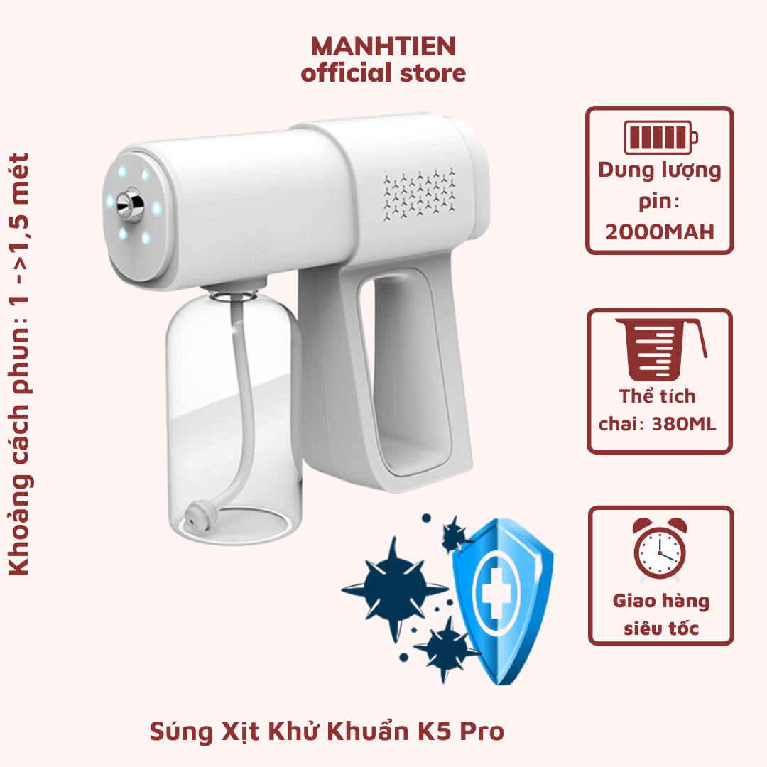 Máy phun cồn khử khuẩn Nano bằng tia cực tím với 3 chế độ cổng sạc USB dùng pin sạc 2000mah tặng kèm khăn lau 2 mặt BaoAn