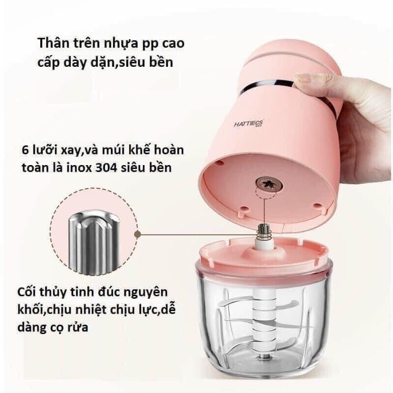 Máy Xay Hattiecs 6 Lưỡi 0.3L Cối Thuỷ Tinh, Máy Xay Cho Bé Ăn Dặm