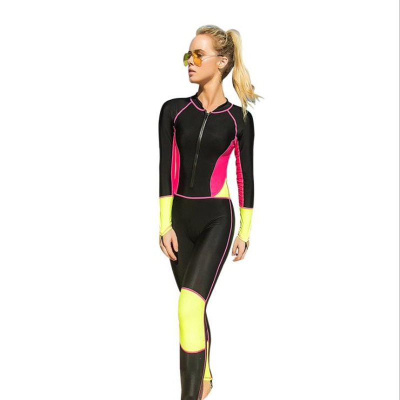 Lady's Diving Suit One-Piece Long Sleeve Wetsuit Spandex Front Zipper Lycra Swim Snorkeling Surf Suit