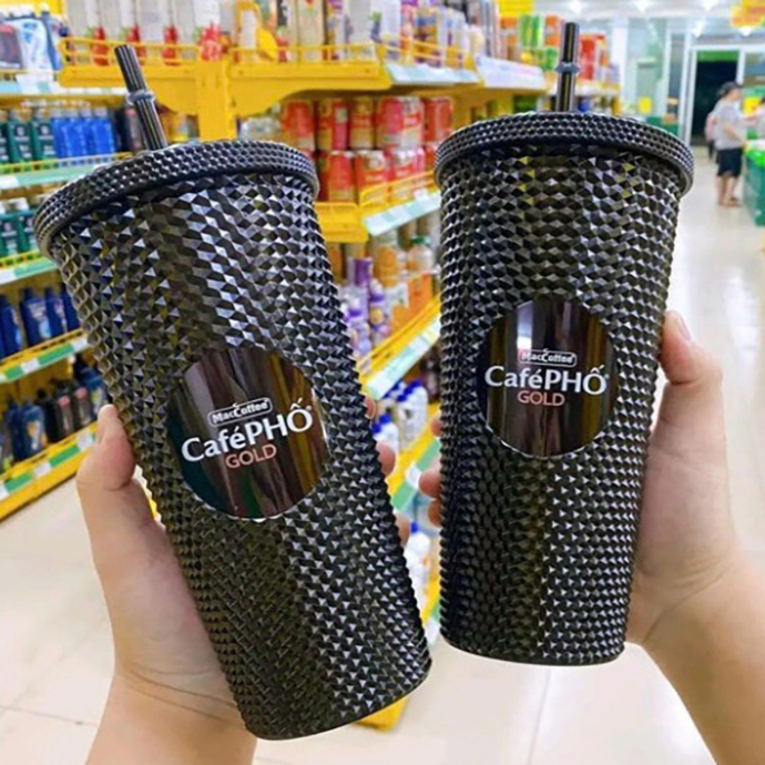Ly Kim Cương 2 Lớp Cách Nhiệt Cao Cấp, Ly Uống Nước Chất Liệu PP Cách Nhiệt 2-3h + Tặng Kèm Ống Hút, Túi Đựng - HÀNG CHÍNH HÃNG CAFE PHỐ