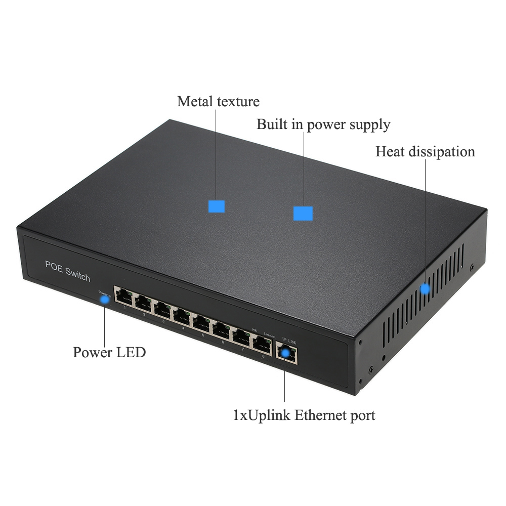 Bộ nguồn tích hợp AP VoIP 1 + 8 cổng 10 / 100Mbps PoE Switch Injector qua Ethernet IEEE 802.3af cho máy ảnh