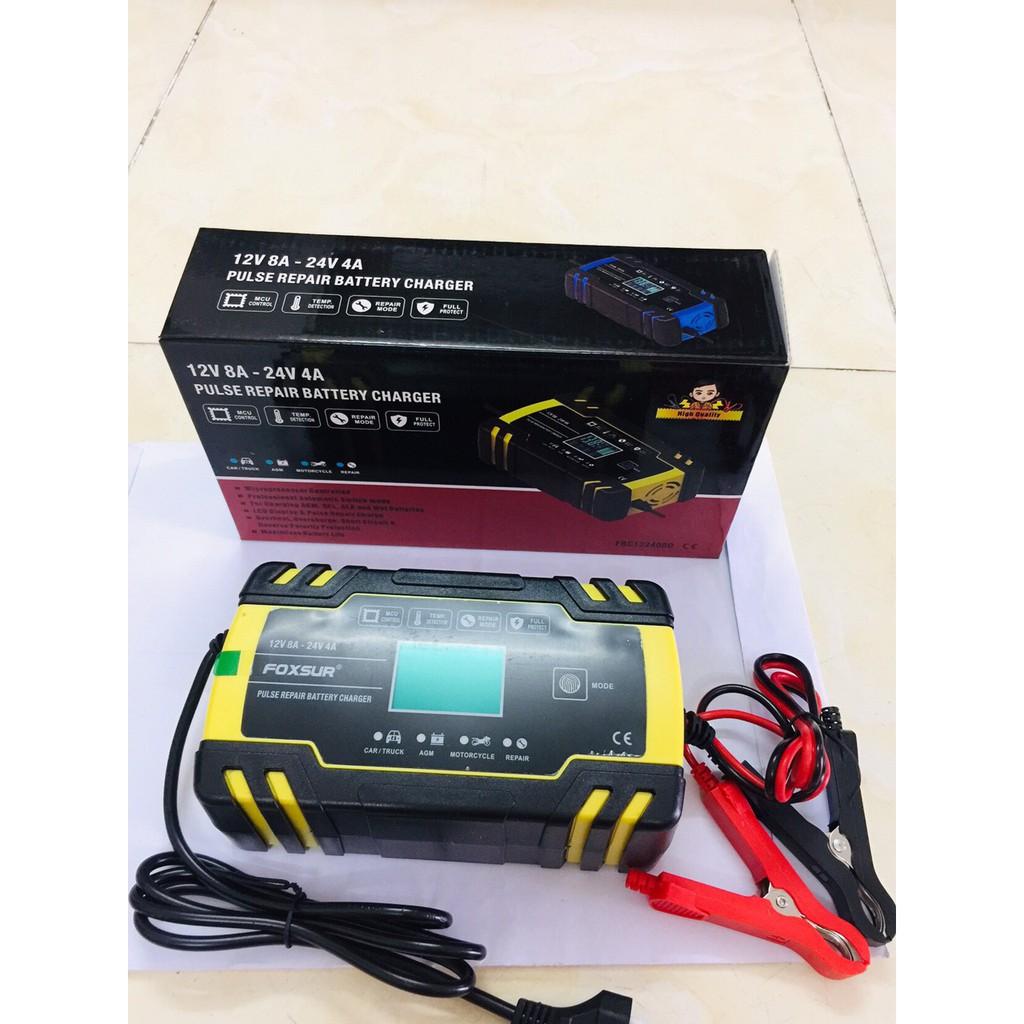 Sạc bình ắc quy 12V-8A,24V-4A FOXSUR từ 4Ah đến 150Ah có khử sunfat phục hồi bảo dưỡng bình, thông minh tự ngắt khi đầy