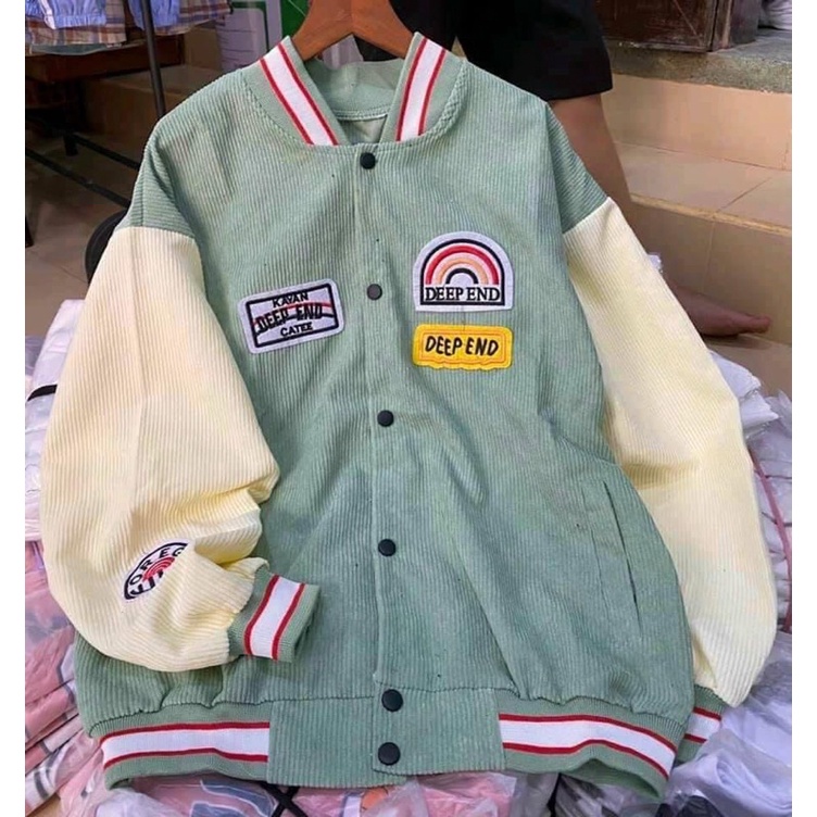 Áo khoác bomber nhung tăm DEEPEND hình cầu vồng chữ thêu nam nữ unisex , áo cho các cặp đôi dày đẹp siêu chất lượng