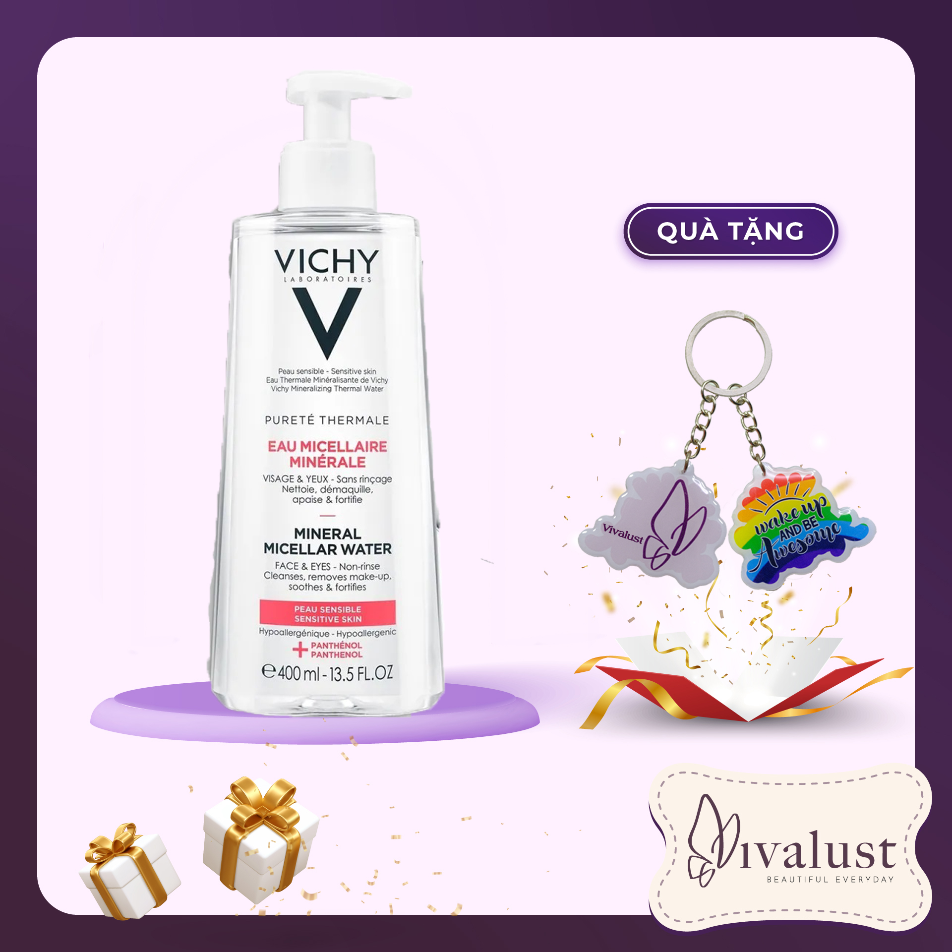 Nước tẩy trang dành cho da nhạy cảm VICHY Pureté Thermale Mineral Micellar Water (400ml) - Tặng Móc Khóa