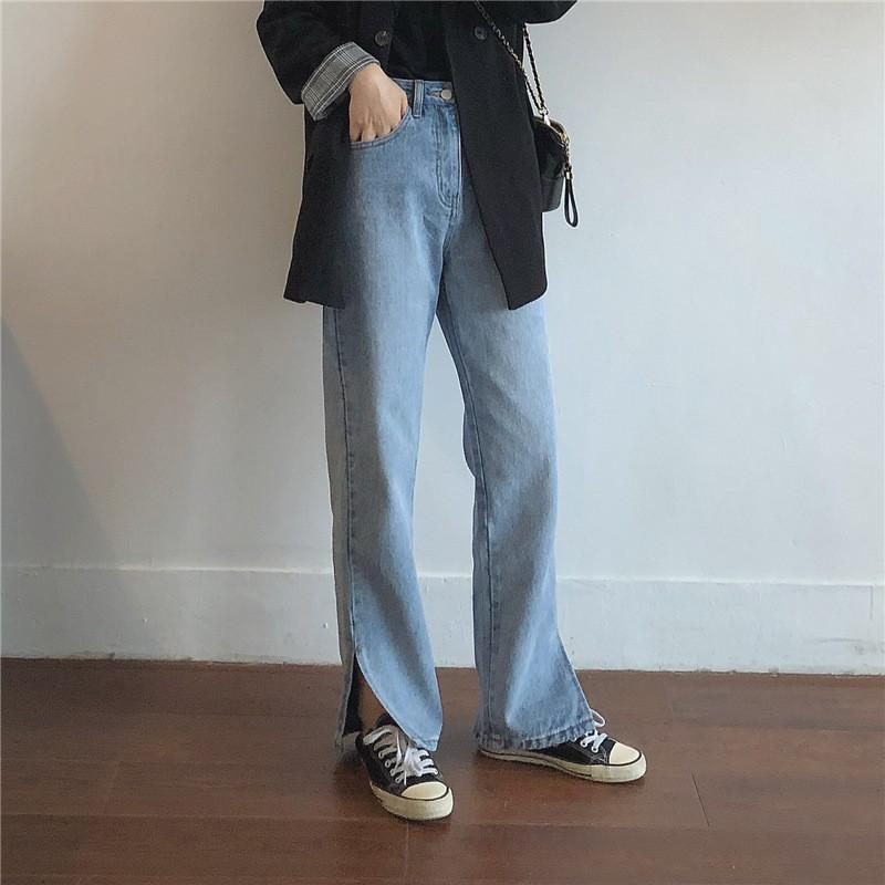 Quần jean nữ ống rộng SIMPLE Xẻ Line phong cách Hàn Quốc