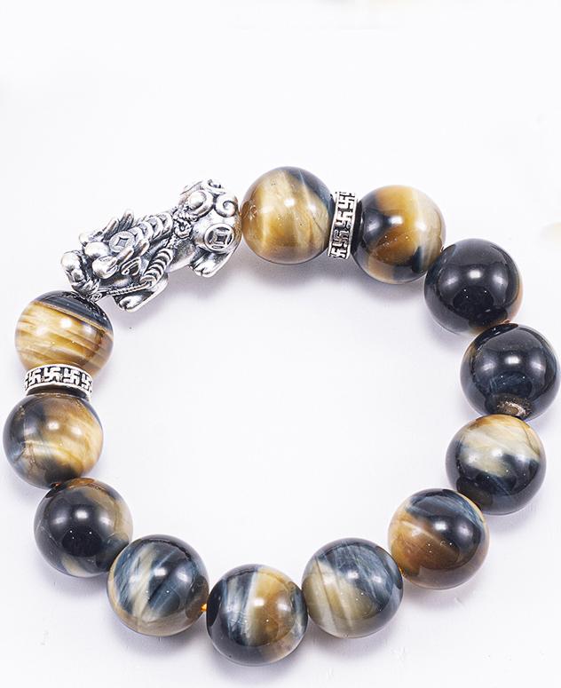 Vòng Tay Phong Thủy Nam Đá Mắt Chim Ưng Phối Charm Tỳ Hưu Bạc  Mệnh Thủy, Mộc Ngọc Quý Gemstones
