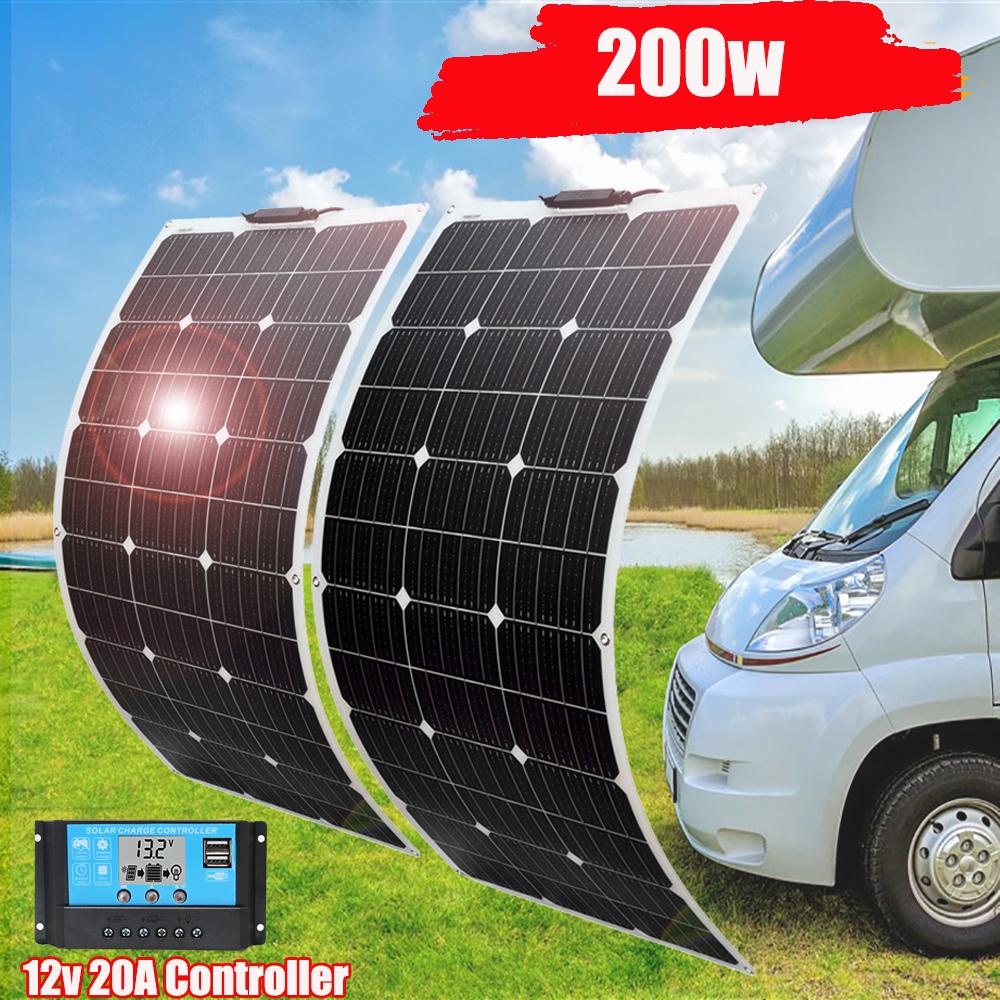 200W 2 Chiếc 100W Linh Hoạt Tấm Pin Năng Lượng Mặt Trời Bộ 12V 24V Sạc 20A Bộ Điều Khiển Cho Xe Gia Đình thuyền Người Cắm Trại Ban Công GLS Dây Màu Sắc: 200W 1030X525Mm