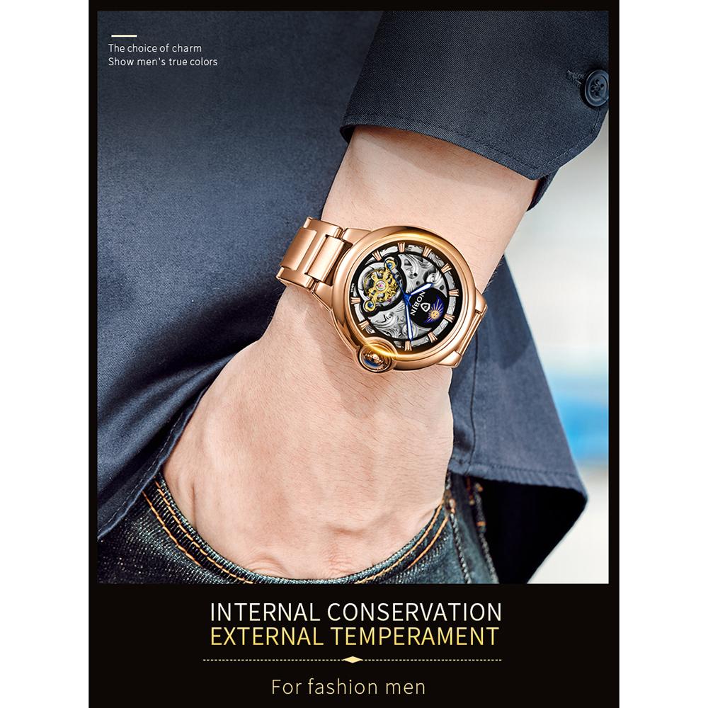 Đồng hồ nam NOBJN dành cho doanh nhân 30M không thấm nước dạ quang - Vàng hồng & Đen - Dây thép