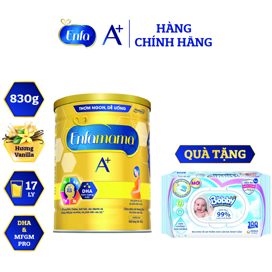 Bộ 1 Lon Sữa Bầu Enfamama 360° Brain Plus Cho Mẹ - Vị Vani - 830g - Tặng 1  khăn ướt Bobby không mùi 100 tờ